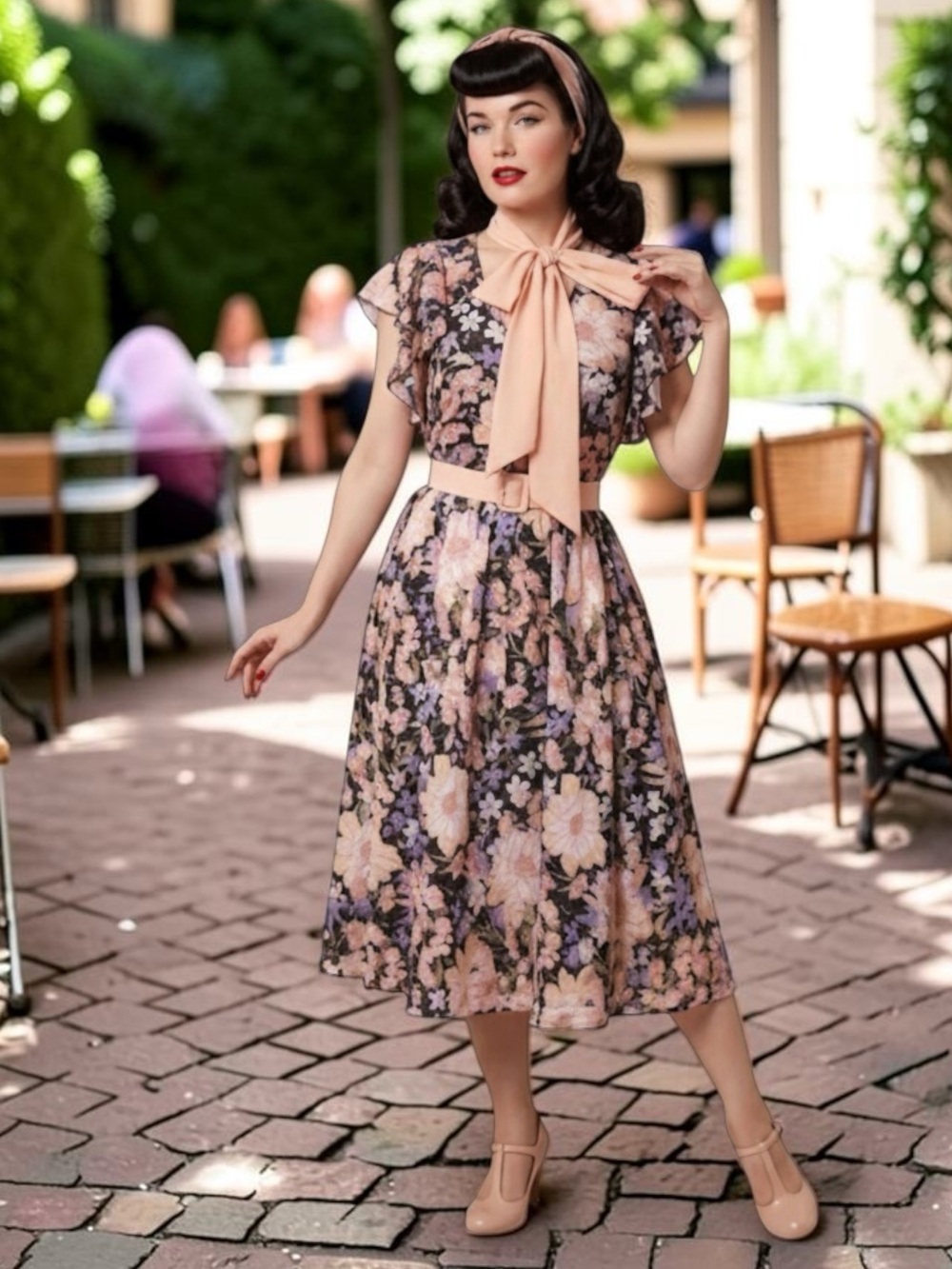 Unique Vintage Retro Inspired Peach Floral Midi Dress, Medium, NWT